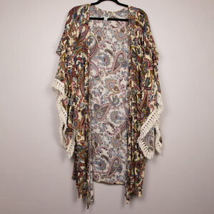 Ivy Jane boho cream paisley print open kimono cover up-OS